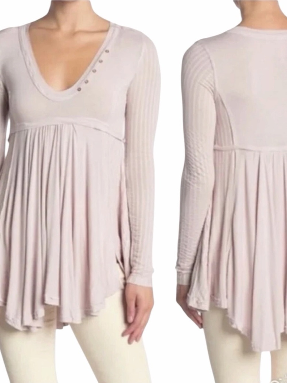 Free People Long Sleeve Babydoll Tunic Top Beige Studded V-Neck Small